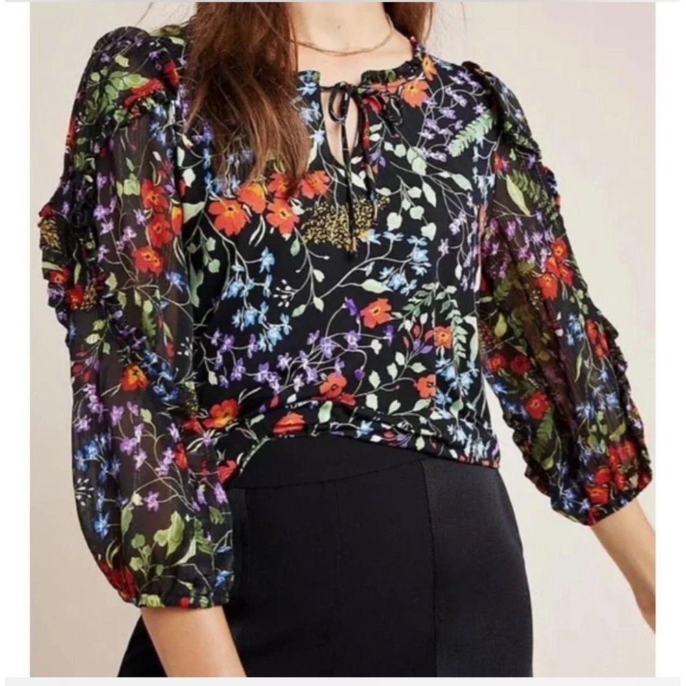 Maeve Anthropologie Floral Blouse Large Boho Peasant Top Black Puff Sleeve